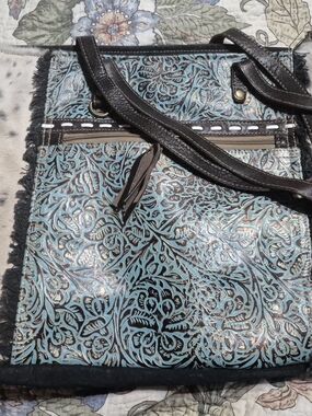 Myra Bag Turquoise Tooled Shoulder Bag with Black Trim